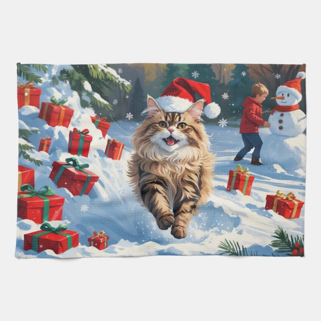 Persian Cat Sitting in Snow with Christmas Hat Kitchen Towel (Horizontal)
