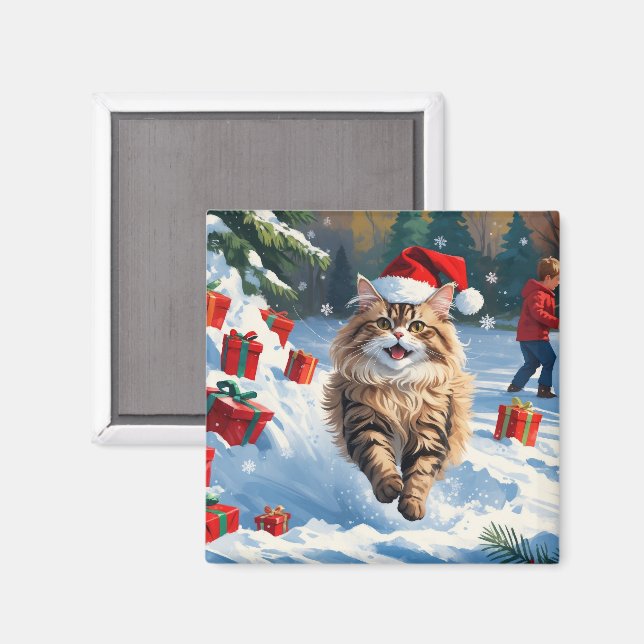 Persian Cat Sitting in Snow with Christmas Hat Magnet (Front/Back)
