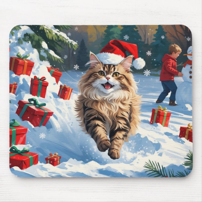 Persian Cat Sitting in Snow with Christmas Hat Mouse Pad (Front)