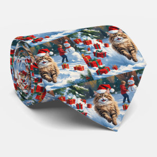 Persian Cat Sitting in Snow with Christmas Hat Neck Tie