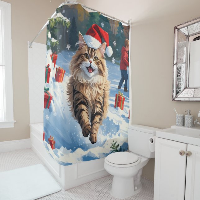 Persian Cat Sitting in Snow with Christmas Hat Shower Curtain (In Situ)