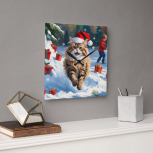 Persian Cat Sitting in Snow with Christmas Hat Square Wall Clock