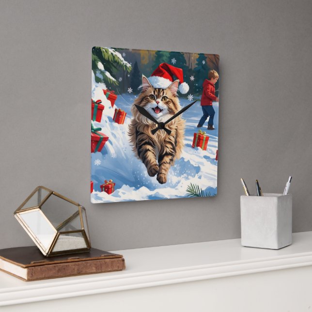 Persian Cat Sitting in Snow with Christmas Hat Square Wall Clock (Office)