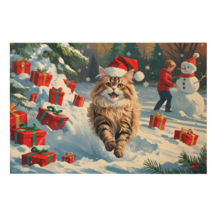 Persian Cat Sitting in Snow with Christmas Hat Wood Wall Art