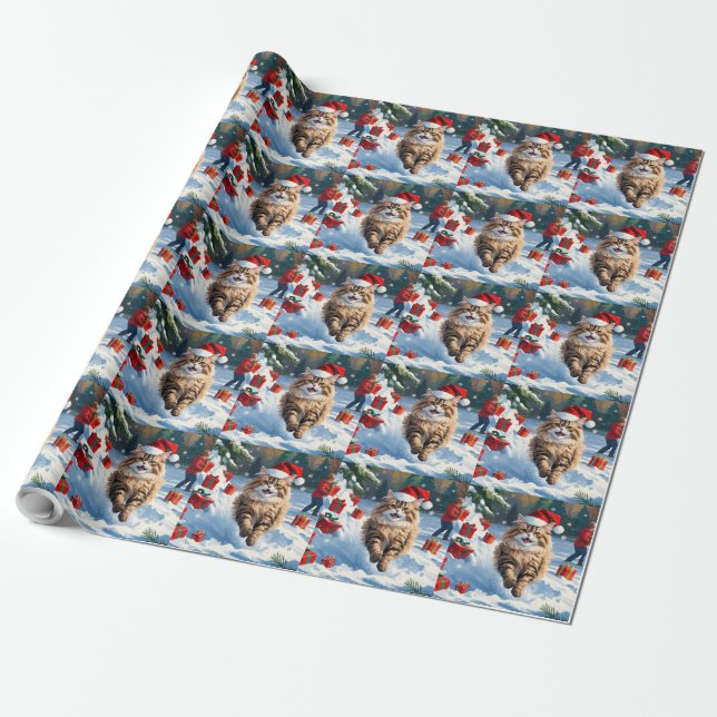 Persian Cat Sitting in Snow with Christmas Hat Wrapping Paper (Unrolled)