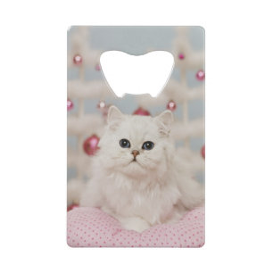 Persian cat sitting on pink pillow credit card bottle opener