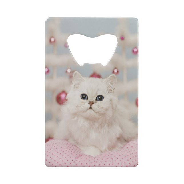 Persian cat sitting on pink pillow credit card bottle opener (Front)