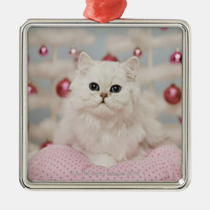 Persian cat sitting on pink pillow metal ornament