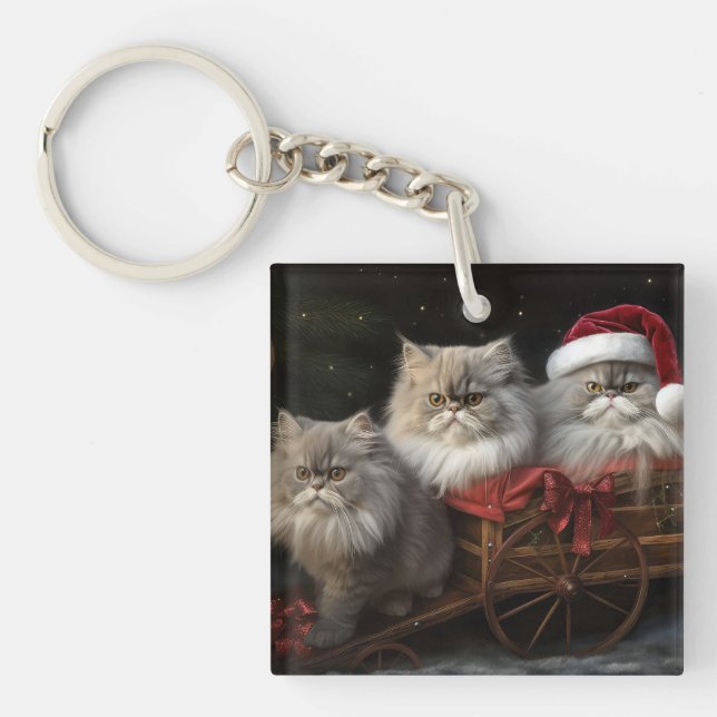 Persian Cat Snowy Sleigh Christmas Decor Keychain (Front)