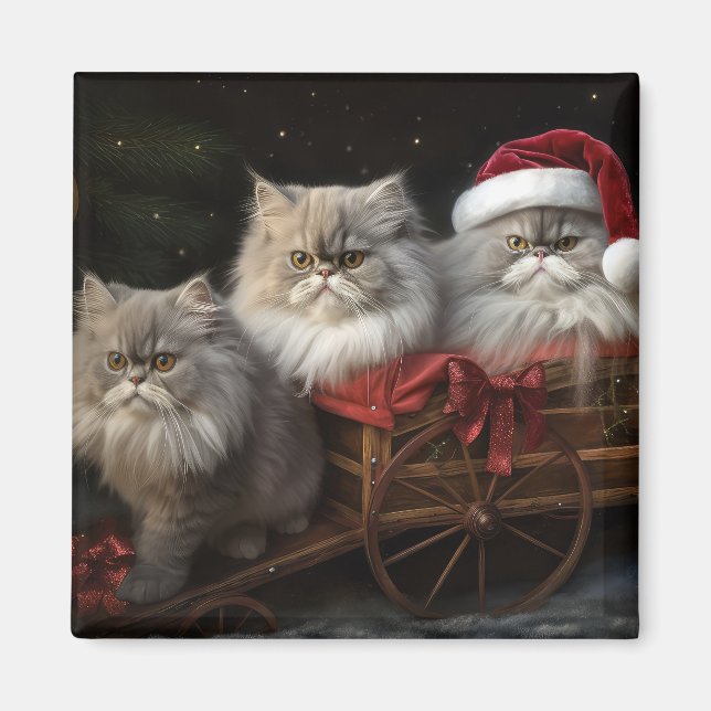 Persian Cat Snowy Sleigh Christmas Decor Magnet (Front)