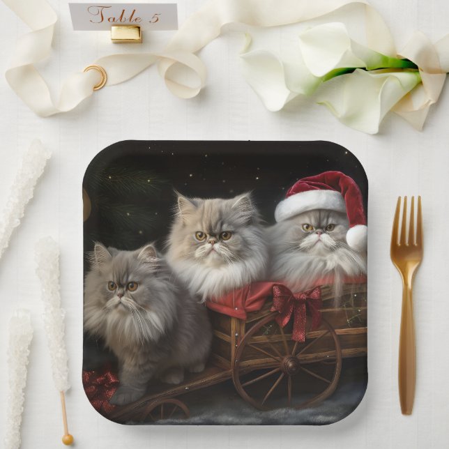 Persian Cat Snowy Sleigh Christmas Decor Paper Plates (Wedding)