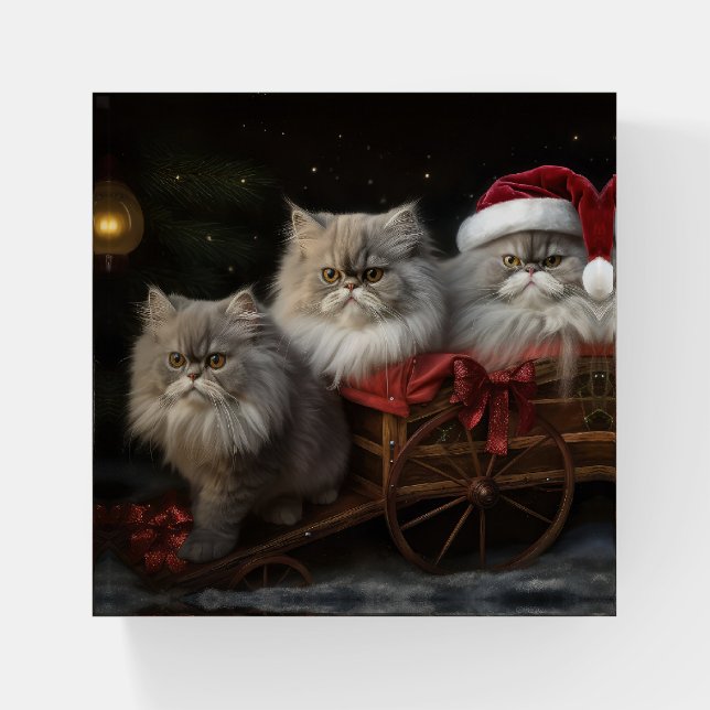 Persian Cat Snowy Sleigh Christmas Decor Paperweight (Front)