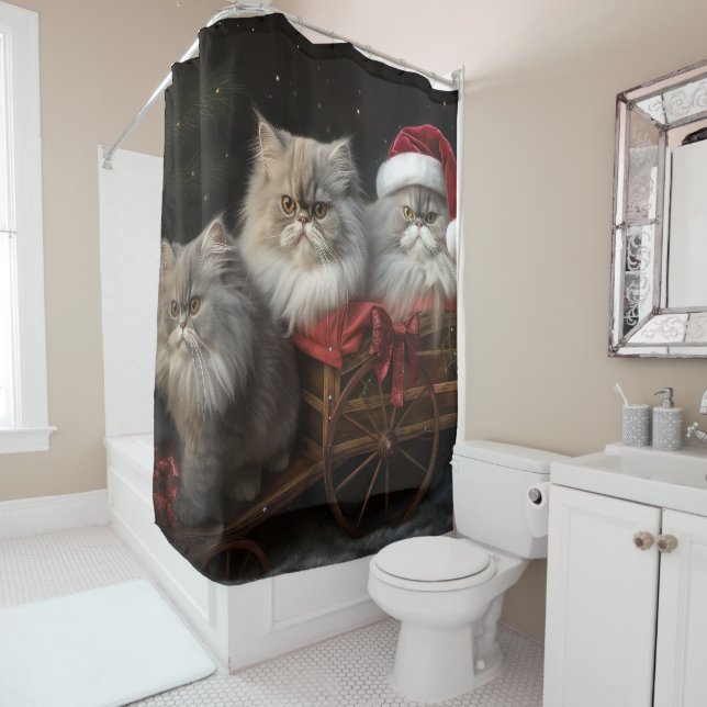 Persian Cat Snowy Sleigh Christmas Decor Shower Curtain (In Situ)