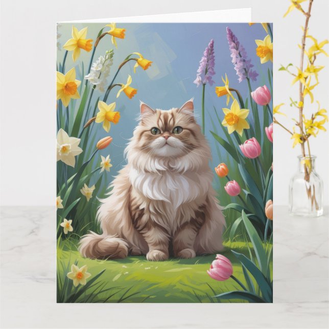 Persian Cat Spring Flowers Painting Card (Yellow Flower)