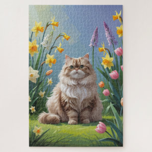 Persian Cat Spring Flowers Painting Jigsaw Puzzle