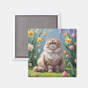 Persian Cat Spring Flowers Painting Magnet