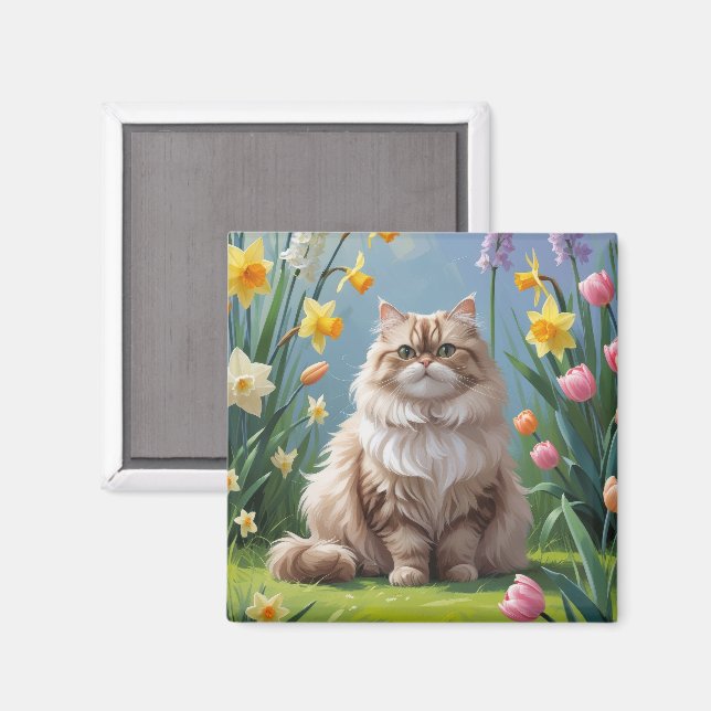 Persian Cat Spring Flowers Painting Magnet (Front/Back)