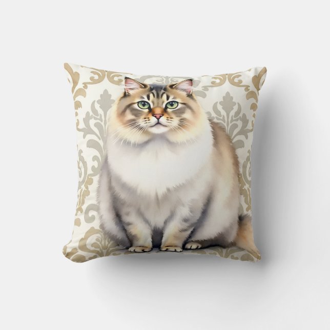 Persian Cat Watercolor Damask Pattern Art Throw Pillow (Front)