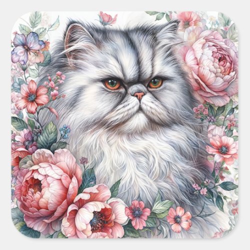 Persian Cat Watercolor Floral Portrait Square Sticker