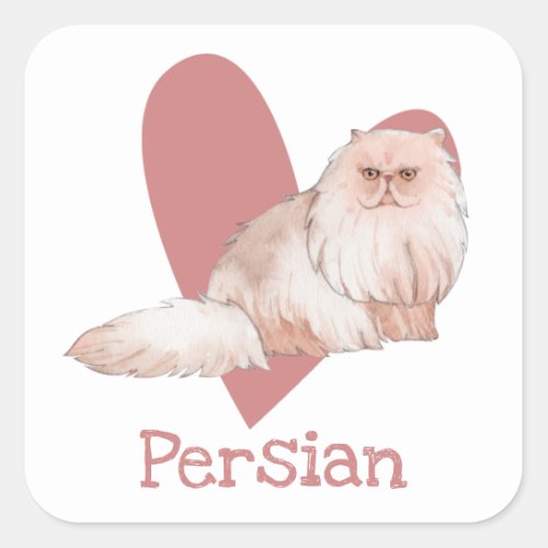 Persian Cat Watercolor Kitty Pink Heart Square Sticker