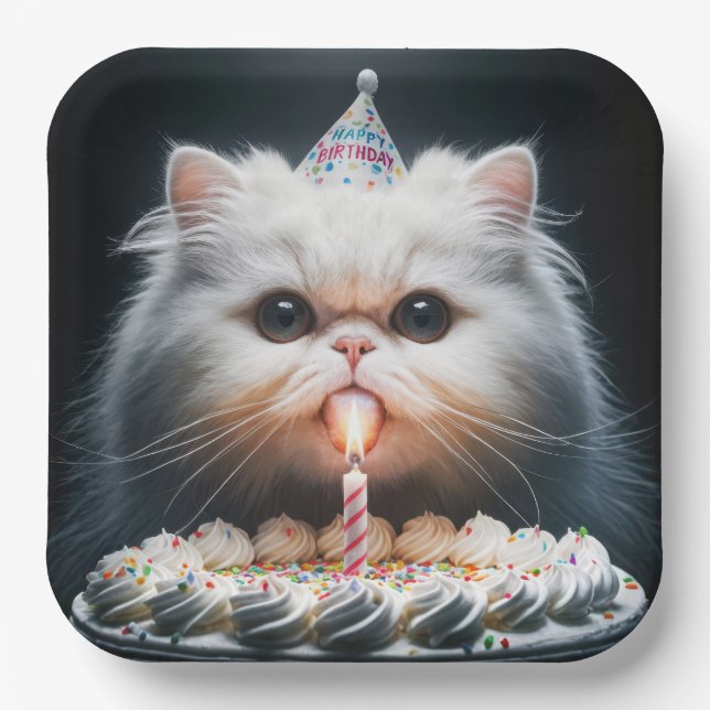 Persian Cat With a Birthday Cake Paper Plates (Front)