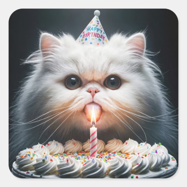 Persian Cat With a Birthday Cake Square Sticker (Front)