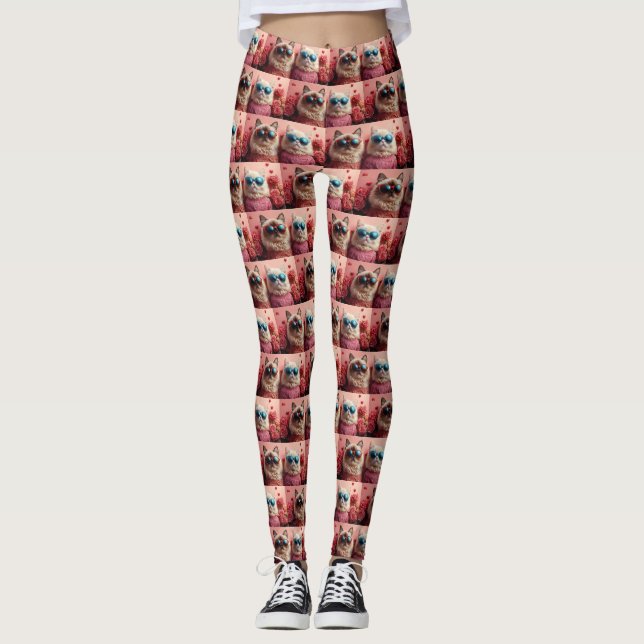 Persian Cat with Heart Roses Valentine's Day Leggings (Front)