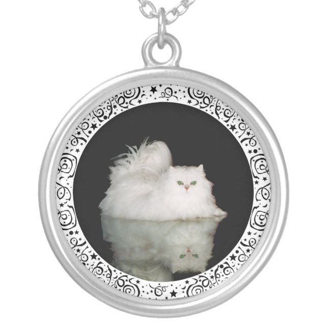 Persian Cat with Jade Green Eyes Silver Plated Necklace (Front)