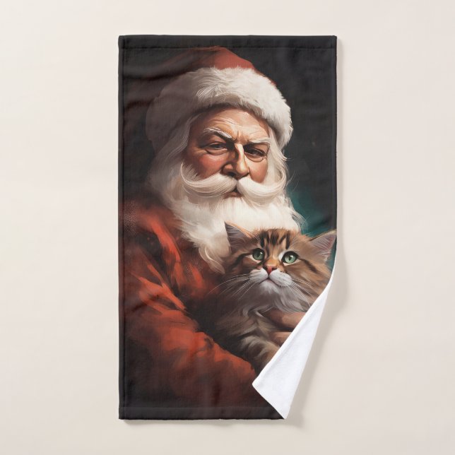 Persian Cat With Santa Claus Festive Christmas  Bath Towel Set (Hand Towel)
