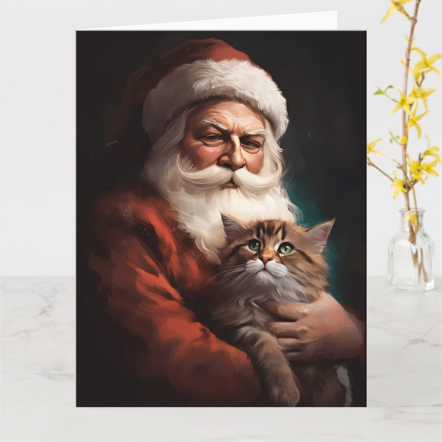 Persian Cat With Santa Claus Festive Christmas  Card (Yellow Flower)