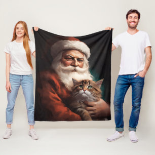 Persian Cat With Santa Claus Festive Christmas Fleece Blanket