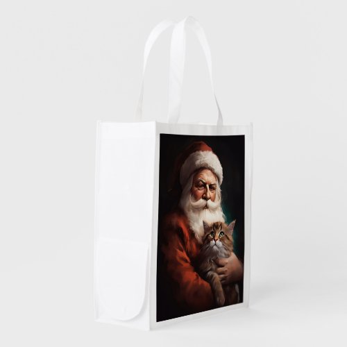 Persian Cat With Santa Claus Festive Christmas  Grocery Bag