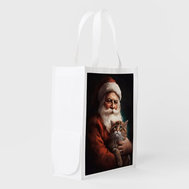 Persian Cat With Santa Claus Festive Christmas  Grocery Bag (Front Side)
