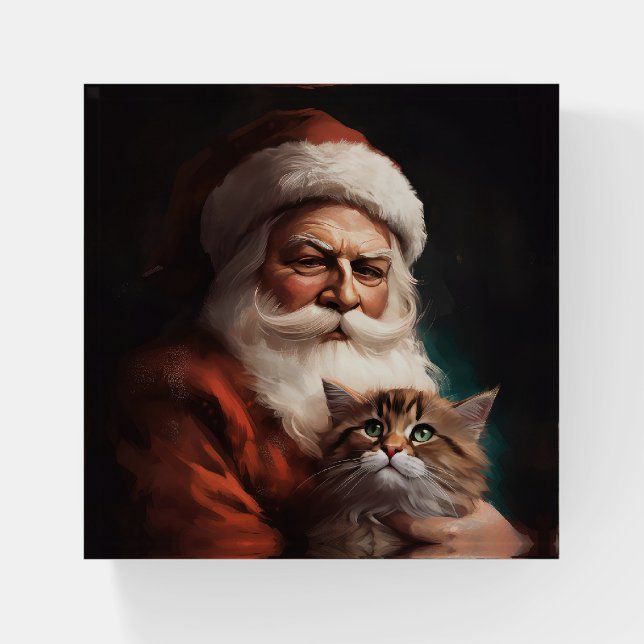 Persian Cat With Santa Claus Festive Christmas  Paperweight (Front)