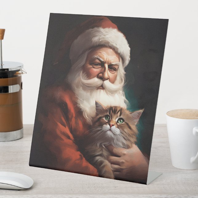 Persian Cat With Santa Claus Festive Christmas  Pedestal Sign (In SItu)