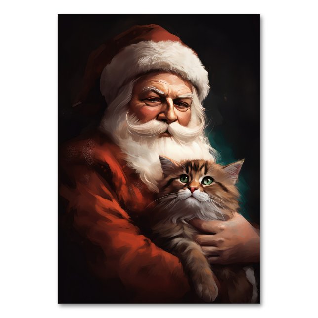 Persian Cat With Santa Claus Festive Christmas  Table Number (Front)