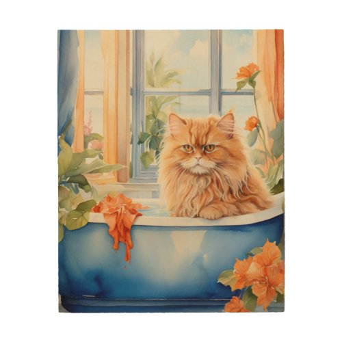 Persian cat with thick orange hair relaxing wood wall art