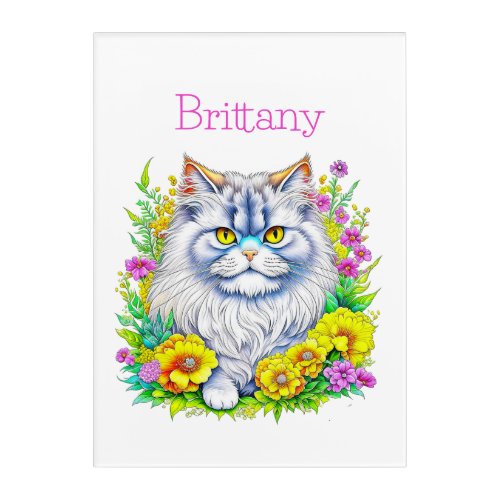Persian Cat Yellow and Pink Flowers Personalized Acrylic Print