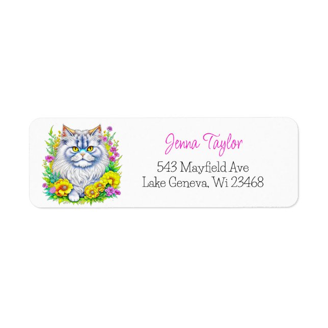 Persian Cat  Yellow and Pink Flowers Personalized Label (Front)