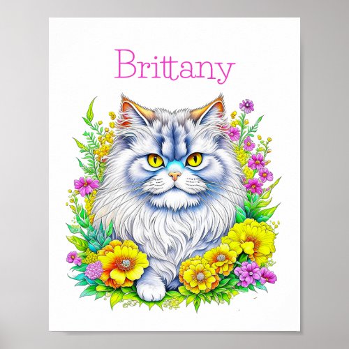 Persian Cat Yellow and Pink Flowers Personalized Poster