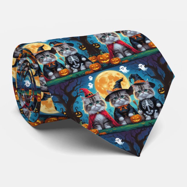 Persian Cats Pumpkin Halloween Funny Neck Tie (Rolled)