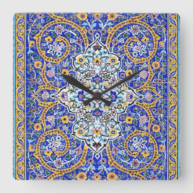 Persian elaborate tiled mural    square wall clock (Front)