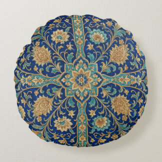 Persian Floral Arabesque Pattern Royal Blue Round Pillow