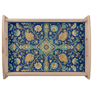 Persian Floral Arabesque Pattern Royal Blue Serving Tray