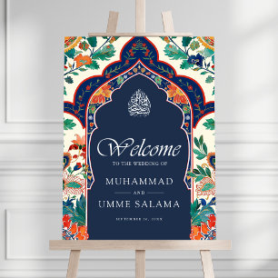 Persian Floral Blue Muslim Wedding Welcome Sign