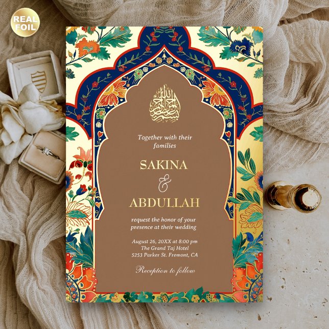 Persian Floral Inlay Beige Muslim Wedding Gold Foil Invitation (Creator Uploaded)