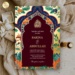 Persian Floral Inlay Burgundy Muslim Wedding Gold Foil Invitation