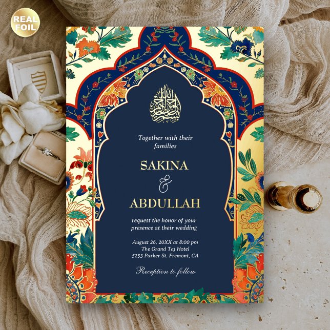 Persian Floral Inlay Navy Blue Muslim Wedding Gold Foil Invitation (Creator Uploaded)