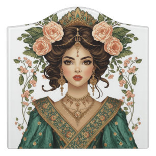 Persian Floral Lady Wall Art Elegant Emerald Pri Door Sign