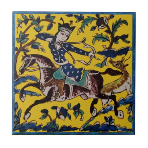 Persian Horseman Deer Hunter 19th Century Repro Ceramic Tile
